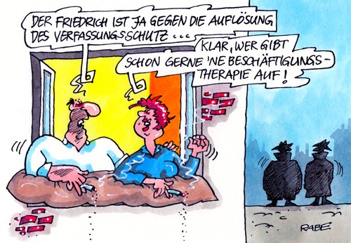 Cartoon: Beschäftigungstherapie (medium) by RABE tagged beschäftigungstherapie,verfassungsschutz,verfassungsschutzpräsident,fromm,rücktritt,rückzug,ruhestand,bundesinnenminister,friedrich,csu,pannen,pannenserie,neonazimorde,nazi,neonazi,aktenvernichtung,bnd,mann,rettungsschirm,dönermorde,neonazitrio,zwickau,terror,terrorzelle,aufklärung,bka,polizei,geheimdienst,thüringen,nsu,tschäpe,therapie,auflösung,therapiebewältigung,dunkelmänner,schlapphüte,beschäftigungstherapie,verfassungsschutz,verfassungsschutzpräsident,rücktritt