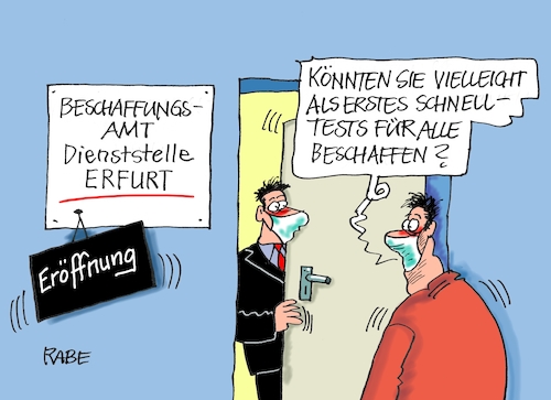 Cartoon: Beschaffungsmaßnahmen (medium) by RABE tagged virus,corona,pandemie,coronakrise,rabe,ralf,böhme,cartoon,karikatur,pressezeichnung,farbcartoon,tagescartoon,viren,virenschutz,mundschutz,desinfektion,föderal,föderalismus,ländersache,erfurt,thüringen,ramelow,söder,bayern,schnelltest,coronaschnelltest,alle,beschaffungsamt,dienststelle,eröffnung,beschaffungskriminalität,virus,corona,pandemie,coronakrise,rabe,ralf,böhme,cartoon,karikatur,pressezeichnung,farbcartoon,tagescartoon,viren,virenschutz,mundschutz,desinfektion,föderal,föderalismus,ländersache,erfurt,thüringen,ramelow,söder,bayern,schnelltest,coronaschnelltest,alle,beschaffungsamt,dienststelle,eröffnung,beschaffungskriminalität