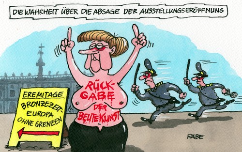 Cartoon: Beutekunst (medium) by RABE tagged putin,merkel,beutekunst,eklat,absage,ausstellungseröffnung,kanzlerin,cdu,kremlchef,sankt,petersburg,eremitage,europa,bronzezeit,grenzen,rückgabe,goldschatz,eberswalde,rabe,ralf,böhme,cartoon,karikatur,farbcartoon,pressezeichnung,beutekunstausstellung,russland,präsident,wladimir,grußworte,forderung,sowjetsoldaten,kulturgüter,wirtschaftsforum,wirtschaftsdelegation,busen,brust,protest,nackt,fkk,oberkörber,bemalung,putin,merkel,beutekunst,eklat,absage,ausstellungseröffnung,kanzlerin,cdu,kremlchef,sankt,petersburg,eremitage,europa,bronzezeit,grenzen,rückgabe,goldschatz,eberswalde,rabe,ralf,böhme,cartoon,karikatur,farbcartoon,pressezeichnung,beutekunstausstellung,russland,präsident,wladimir,grußworte,forderung,sowjetsoldaten,kulturgüter,wirtschaftsforum,wirtschaftsdelegation,busen,brust,protest,nackt,fkk,oberkörber,bemalung