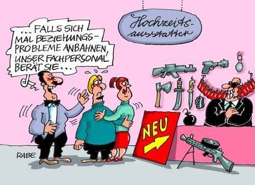 Cartoon: Beziehungsausstatter (medium) by RABE tagged amok,amoklauf,depressionen,is,attentat,islam,islamisten,schußwaffen,waffengesetz,beziehungsprobleme,ansbach,würzburg,münchen,reutlingen,machete,rabe,ralf,böhme,cartoon,karikatur,pressezeichnung,farbcartoon,tagescartoon,hochzeit,brautpaar,hochzeitsausstatter,fachpersonal,amok,amoklauf,depressionen,is,attentat,islam,islamisten,schußwaffen,waffengesetz,beziehungsprobleme,ansbach,würzburg,münchen,reutlingen,machete,rabe,ralf,böhme,cartoon,karikatur,pressezeichnung,farbcartoon,tagescartoon,hochzeit,brautpaar,hochzeitsausstatter,fachpersonal