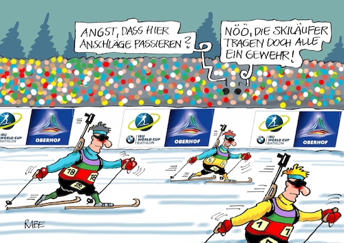 Cartoon: Biathlon WM II (medium) by RABE tagged biathlon,wm,wintersport,oberhof,thüringen,winter,eis,schnee,lawine,rabe,ralf,böhme,cartoon,karikatur,pressezeichnung,farbcartoon,tagescartoon,ski,arena,gewehr,sicherheit,läufer,sportler,biathlon,wm,wintersport,oberhof,thüringen,winter,eis,schnee,lawine,rabe,ralf,böhme,cartoon,karikatur,pressezeichnung,farbcartoon,tagescartoon,ski,arena,gewehr,sicherheit,läufer,sportler