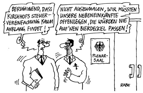 Cartoon: Biergedeckeltes (medium) by RABE tagged bundesregierung,kanzlerin,merkel,cdu,bundeskabinett,schwarzgelb,berlin,regierungssitz,plenarsaal,diäten,diätenerhöhung,euro,krise,bezüge,nebeneinkünfte,kirchhof,steuern,steuervereinfachung,offenlegung,bierdeckel,bier,bieruntersetzer,abgeordnete,volksvertreter,politiker,bundesadler,zusatzverdienst,steuerzahler,schwarzarbeit,aufsichtsrat,aufsichtsratsmitglied,berater,beraterfunktion,bundesregierung,kanzlerin,merkel,cdu,bundeskabinett,berlin,regierungssitz,plenarsaal,diäten,diätenerhöhung,bezüge,krise,nebeneinkünfte