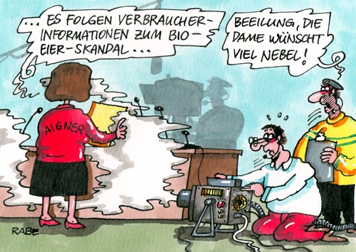 Cartoon: Bio-Eier-Skandal (medium) by RABE tagged bioeier,aigner,verbraucherschutz,verbraucherschutzministerin,eier,hühner,biobauern,freilandeier,bodenhaltung,betrug,skandal,überwachung,rabe,ralf,böhme,cartoon,karikatur,informationen,nebel,nebelmaschine,studio,fernsehstudio,kamera,kameramann,biohaltung,freilandhaltung,legebatterien,legehennen,biolandwirte,hühnerhaltung,kennzeichnung,handel,bioeier,aigner,verbraucherschutz,verbraucherschutzministerin,eier,hühner,biobauern,freilandeier,bodenhaltung,betrug,skandal,überwachung,rabe,ralf,böhme,cartoon,karikatur,informationen,nebel,nebelmaschine,studio,fernsehstudio,kamera,kameramann,biohaltung,freilandhaltung,legebatterien,legehennen,biolandwirte,hühnerhaltung,kennzeichnung,handel