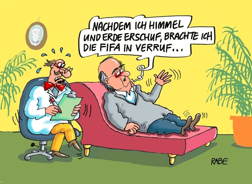 Cartoon: Blatter (medium) by RABE tagged blatter,sepp,fifa,korruption,geldwäsche,bestechung,verhaftung,funktionäre,gefängnis,knast,mafia,rabe,ralf,böhme,cartoon,karikatur,pressezeichnung,farbcartoon,tagescartoon,couch,psychiater,weltfussballverband,fussball,uefa,blatter,sepp,fifa,korruption,geldwäsche,bestechung,verhaftung,funktionäre,gefängnis,knast,mafia,rabe,ralf,böhme,cartoon,karikatur,pressezeichnung,farbcartoon,tagescartoon,couch,psychiater,weltfussballverband,fussball,uefa