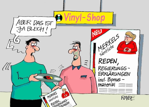 Cartoon: Blechernes (medium) by RABE tagged merkel,bundeskanzlerin,reden,regierungserklärungen,eu,gipfel,rabe,ralf,böhme,cartoon,karikatur,pressezeichnung,farbcartoon,tagescartoon,vinyl,shop,schallplatten,blech,merkel,bundeskanzlerin,reden,regierungserklärungen,eu,gipfel,rabe,ralf,böhme,cartoon,karikatur,pressezeichnung,farbcartoon,tagescartoon,vinyl,shop,schallplatten,blech