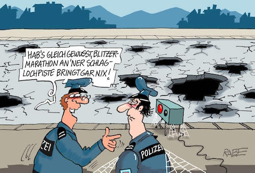 Cartoon: Blitzerpiste (medium) by RABE tagged blitzer,blitzermahrathon,marathon,geschwindigkeitskontrolle,polizei,polizisten,rabe,ralf,böhme,cartoon,karikatur,pressezeichnung,farbcartoon,tagescartoon,schlaglochpiste,straße,schlaglöcher,raser,autofahrer,straßendecke,spinnennetz,löcher,fahrbahnbelag,blitzer,blitzermahrathon,marathon,geschwindigkeitskontrolle,polizei,polizisten,rabe,ralf,böhme,cartoon,karikatur,pressezeichnung,farbcartoon,tagescartoon,schlaglochpiste,straße,schlaglöcher,raser,autofahrer,straßendecke,spinnennetz,löcher,fahrbahnbelag