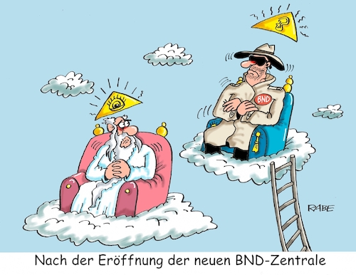 Cartoon: BND Zentrale Berlin (medium) by RABE tagged bnd,bundesnachrichtendienst,geheimdienst,spione,spionage,merkel,kanzlerin,zentrale,berlin,schlapphüte,geheimdienstler,rabe,ralf,böhme,cartoon,karikatur,pressezeichnung,farbcartoon,tagescartoon,sicherheit,auslandsgeheimdienste,kake,news,cyber,attacken,gott,himmel,allwissender,thron,bnd,bundesnachrichtendienst,geheimdienst,spione,spionage,merkel,kanzlerin,zentrale,berlin,schlapphüte,geheimdienstler,rabe,ralf,böhme,cartoon,karikatur,pressezeichnung,farbcartoon,tagescartoon,sicherheit,auslandsgeheimdienste,kake,news,cyber,attacken,gott,himmel,allwissender,thron