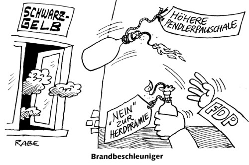 Cartoon: Brandbeschleuniger (medium) by RABE tagged bundesregierung,schwarzgelb,cdu,fdp,merkel,kanzlerin,rösler,liberale,pendlerpauschale,kilometerpauschale,fahrtkostensteuerzahler,herdprämie,betreuungsgeld,kita,elterngeld,csu,schröder,brand,flammen,feuer,brandbeschleuniger,bundesregierung,schwarzgelb,cdu,fdp,merkel,kanzlerin,rösler,liberale,kilometerpauschale