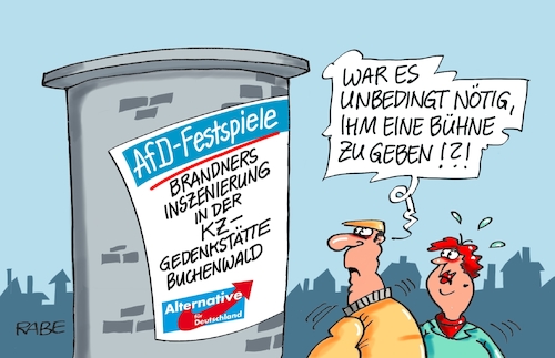 Cartoon: Brandner Inszenierung (medium) by RABE tagged afd,thüringen,brandner,weimar,ettersberg,kz,gedenkstätte,buchenwald,inszenierung,festspiele,rabe,ralf,böhme,cartoon,karikatur,pressezeichnung,farbzeichnung,tagescartoons,litfaßsäule,ehepaar,bühne,podium,rechte,bundestag,konzentrationslage,häftlinge,afd,thüringen,brandner,weimar,ettersberg,kz,gedenkstätte,buchenwald,inszenierung,festspiele,rabe,ralf,böhme,cartoon,karikatur,pressezeichnung,farbzeichnung,tagescartoons,litfaßsäule,ehepaar,bühne,podium,rechte,bundestag,konzentrationslage,häftlinge