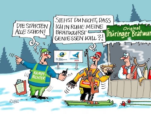 Cartoon: Bratwurschtfresser (medium) by RABE tagged oberhof,rennrodler,rennrodeln,schlitten,bob,bobbahn,eiskanal,sportler,rabe,ralf,böhme,cartoon,karikatur,pressezeichnung,farbcartoon,tagescartoon,biathlon,start,staffel,bratwurst,tühringer,senf,rostbratwurst,brötchen,oberhof,rennrodler,rennrodeln,schlitten,bob,bobbahn,eiskanal,sportler,rabe,ralf,böhme,cartoon,karikatur,pressezeichnung,farbcartoon,tagescartoon,biathlon,start,staffel,bratwurst,tühringer,senf,rostbratwurst,brötchen