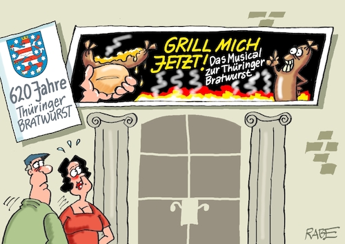 Cartoon: Bratwurst (medium) by RABE tagged bratwurst,wurst,roster,rostbratwurst,nürnberger,rabe,ralf,böhme,cartoon,karikatur,pressezeichnung,farbcartoon,tagescartoon,grill,holzkohle,senf,musical,theater,kultur,bratwurst,wurst,roster,rostbratwurst,nürnberger,rabe,ralf,böhme,cartoon,karikatur,pressezeichnung,farbcartoon,tagescartoon,grill,holzkohle,senf,musical,theater,kultur