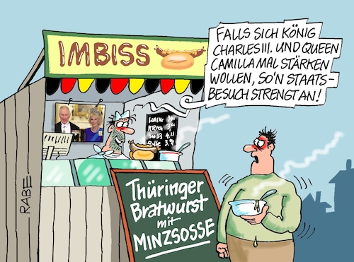 Cartoon: Bratwurstelei (medium) by RABE tagged staatsbesuch,steinmeier,empfang,könig,charles,queen,camilla,england,deutschland,thronfolger,königsthron,rabe,ralf,böhme,cartoon,karikatur,pressezeichnung,farbcartoon,tagescartoon,imbiss,imbißstand,imbissbude,bratwurst,rostbratwurst,roster,senf,minze,minzsoße,minzsosse,staatsbesuch,steinmeier,empfang,könig,charles,queen,camilla,england,deutschland,thronfolger,königsthron,rabe,ralf,böhme,cartoon,karikatur,pressezeichnung,farbcartoon,tagescartoon,imbiss,imbißstand,imbissbude,bratwurst,rostbratwurst,roster,senf,minze,minzsoße,minzsosse