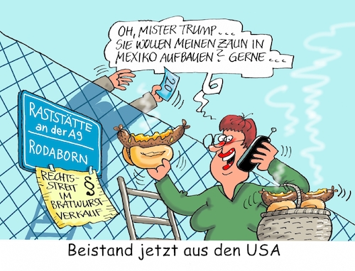 Cartoon: Bratwurstkrieg (medium) by RABE tagged rodaborn,thüringen,raststätte,zaun,autofahrer,bratwürste,leiter,rabe,ralf,böhme,cartoon,karikatur,pressezeichnung,farbcartoon,tagescartoon,trump,usa,präsident,mauer,mexiko,rodaborn,thüringen,raststätte,zaun,autofahrer,bratwürste,leiter,rabe,ralf,böhme,cartoon,karikatur,pressezeichnung,farbcartoon,tagescartoon,trump,usa,präsident,mauer,mexiko