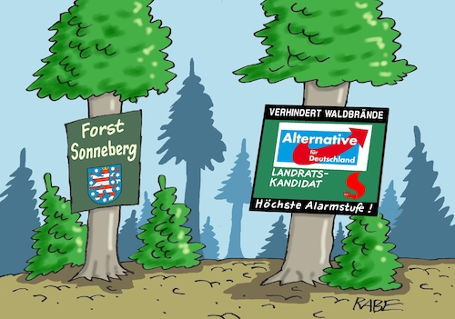 Cartoon: Brenzliges (medium) by RABE tagged landratswahl,thüringen,sonneberg,afd,kandidat,wähler,ranbe,ralf,böhme,cartoon,karikatur,pressezeichnung,farbcartoon,tagescartoon,forst,wald,hinweisschilder,waldbrand,waldbrandgefahr,waldbrandwarnstufe,warnstufe,eichhörnchen,flächenbrand,landratswahl,thüringen,sonneberg,afd,kandidat,wähler,ranbe,ralf,böhme,cartoon,karikatur,pressezeichnung,farbcartoon,tagescartoon,forst,wald,hinweisschilder,waldbrand,waldbrandgefahr,waldbrandwarnstufe,warnstufe,eichhörnchen,flächenbrand