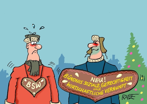 Cartoon: BSW neu (medium) by RABE tagged merz,union,kanzler,fritze,koalition,spd,klingbeil,bundesregierung,rabe,ralf,böhme,cartoon,karikatur,pressezeichnung,farbcartoon,tagescartoon,trump,putin,krisen,tv,nachrichten,waschmaschine,sahra,wagenknecht,bsw,bündnis,parteitag,gerechtigkeit,vernunft,neugründung,weihnachten,lebkuchen,lebkuchenherz,merz,union,kanzler,fritze,koalition,spd,klingbeil,bundesregierung,rabe,ralf,böhme,cartoon,karikatur,pressezeichnung,farbcartoon,tagescartoon,trump,putin,krisen,tv,nachrichten,waschmaschine,sahra,wagenknecht,bsw,bündnis,parteitag,gerechtigkeit,vernunft,neugründung,weihnachten,lebkuchen,lebkuchenherz