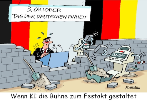 Cartoon: Bühnendekoration (medium) by RABE tagged einheit,einheitstag,deutschland,wiedervereinigung,oktober,feiertag,festakt,jahrestag,mauerfall,ausreise,west,ost,ossi,wessi,rabe,ralf,böhme,cartoon,karikatur,pressezeichnung,farbcartoon,tagescartoon,bühne,festredner,bühnendekoration,bühnengestaltung,deko,ki,chatgpt,computer,roboter,intelligenz,einheit,einheitstag,deutschland,wiedervereinigung,oktober,feiertag,festakt,jahrestag,mauerfall,ausreise,west,ost,ossi,wessi,rabe,ralf,böhme,cartoon,karikatur,pressezeichnung,farbcartoon,tagescartoon,bühne,festredner,bühnendekoration,bühnengestaltung,deko,ki,chatgpt,computer,roboter,intelligenz