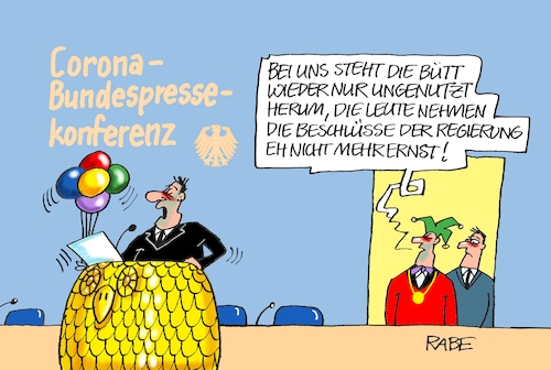 Cartoon: Bütteschön (medium) by RABE tagged corona,bundländerkonferenz,merkel,kanzleramt,lockerungen,stufenplan,öffnungen,lockdown,shutdown,baumärkte,impfdosen,rki,fallzahlen,inzidenzwert,spahn,impfzentren,impfreihenfolge,notbremse,bundespressekonferenz,pressesprecher,coronapandemie,coronamaßnahmen,narren,elferrat,bütt,büttenredner,karnevalssaison,eröffnung,corona,bundländerkonferenz,merkel,kanzleramt,lockerungen,stufenplan,öffnungen,lockdown,shutdown,baumärkte,impfdosen,rki,fallzahlen,inzidenzwert,spahn,impfzentren,impfreihenfolge,notbremse,bundespressekonferenz,pressesprecher,coronapandemie,coronamaßnahmen,narren,elferrat,bütt,büttenredner,karnevalssaison,eröffnung