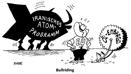 Cartoon: Bulriding (medium) by RABE tagged atomprogram,atomwaffen,atomprogramm,atombombe,iran,ahmadis,öl,oel,ölboykott,boykott,embargo,ölembargao,einfuhrverbot,einfuhrstopp,eu,brüssel,eurostaaten,rodeo,riding,bullriding,stier,bulle,cowboy,texas,westerwelle,außenminister,fdp,protest,atomprogramm,diktator,atomindustrie,atomtest,iran,bundesregierung