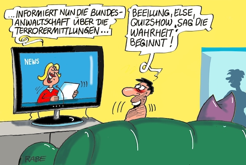 Cartoon: Bundesanwaltschaft (medium) by RABE tagged bundesanwaltschaft,pressekonferenz,terrorermittlungen,terrorgefahr,terroranschlag,flüchtlingskrise,rabe,ralf,böhme,cartoon,karikatur,pressezeichnung,farbcartoon,tagescartoon,tv,nachrichten,frau,else,küche,bundesanwaltschaft,pressekonferenz,terrorermittlungen,terrorgefahr,terroranschlag,flüchtlingskrise,rabe,ralf,böhme,cartoon,karikatur,pressezeichnung,farbcartoon,tagescartoon,tv,nachrichten,frau,else,küche