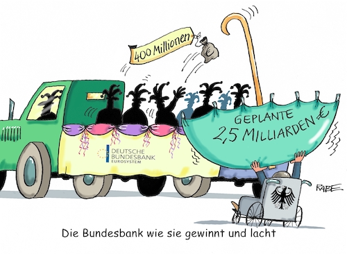 Cartoon: Bundesbankscheck (medium) by RABE tagged bundesbank,überschuß,gewinn,finanzminister,notenbank,planung,milliarden,millionen,euro,rabe,ralf,böhme,cartoon,karikatur,pressezeichnung,farbcartoon,tagescartoon,karneval,kamelle,motivwagen,karnevalsumzug,rosenmontag,bundesbank,überschuß,gewinn,finanzminister,notenbank,planung,milliarden,millionen,euro,rabe,ralf,böhme,cartoon,karikatur,pressezeichnung,farbcartoon,tagescartoon,karneval,kamelle,motivwagen,karnevalsumzug,rosenmontag