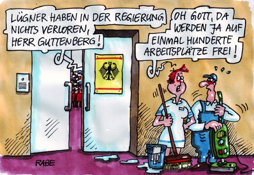 Cartoon: Bundestagsjob (medium) by RABE tagged guttenberg,csu,bundesverteidigungsminister,bundesregierung,afghanistan,afghanistankrieg,opposition,koalition,kanzlerin,euro,krise,doktorarbeit,doktortitel,aberkennung,universität,hochschule,mentor,professor,plagiat,abschreiben,plagiatsvorwurf,abkupfern,lügner,rosstäuscher,baron,münchhausen,quellnangabe,plenarsaal,fragestunde,rede,antwort,verliern,gott,hundert,arbeitsplatz,job,arbeitslosigkeit,agentur,für,arbeit,jobcenter,mann,frau,teppich,besen,staubsauger,scheureimer,scheuerlappen,kehrschaufel,reinigungskraft,reinigungspersonal,putzfrau,guttenberg,bundesregierung,afghanistankrieg,afghanistan,bundesverteidigungsminister,koalition,opposition