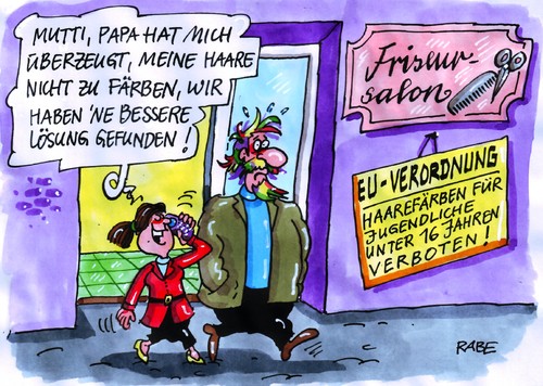 Cartoon: Buntgefärbtes (medium) by RABE tagged eu,euro,verordnung,festlegung,verbot,jugendliche,brüssel,parlament,beschluss,norm,frisör,friseur,friseursalon,haareschneiden,haarefärben,färben,tönung,kamm,schere,shampoo,tinktur,haarschopf,haarsträhnchen,ammoniak,alkohol,silikone,farbpigmente,blond,mittelblond,hellblond,braun,kastanienbraun,grau,haarwurzel,haarspitzen,eu,euro,verordnung,festlegung,verbot,jugendliche,brüssel,parlament,beschluss,shampoo,friseursalon,friseur,frisör