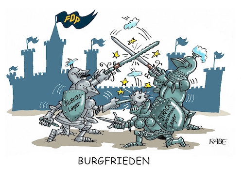 Cartoon: Burgfrieden (medium) by RABE tagged merz,kanzler,koalition,union,spd,klingbeil,cartoon,karikatur,pressezeichnung,farbcartoon,tagescartoon,db,bahn,frühling,frühjahr,frühjahrsputz,ice,zug,blumenkasten,blumenkästen,esc,songcontest,fdp,liberale,parteitag,burgfrieden,agnes,strack,zimmermann,kubicki,parteispitze,kampfabstimmung,ritter,burg,rüstung,zweikampf,turnier,merz,kanzler,koalition,union,spd,klingbeil,cartoon,karikatur,pressezeichnung,farbcartoon,tagescartoon,db,bahn,frühling,frühjahr,frühjahrsputz,ice,zug,blumenkasten,blumenkästen,esc,songcontest,fdp,liberale,parteitag,burgfrieden,agnes,strack,zimmermann,kubicki,parteispitze,kampfabstimmung,ritter,burg,rüstung,zweikampf,turnier