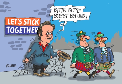 Cartoon: Cameron Schotte (medium) by RABE tagged david,cameron,england,schottland,schotten,abstimmung,yes,no,königreich,empire,queen,rabe,ralf,böhme,cartoon,karikatur,pressezeichnung,farbcartoon,tagescartoon,bettler,spinnennetz,schottenrock,kilt,david,cameron,england,schottland,schotten,abstimmung,yes,no,königreich,empire,queen,rabe,ralf,böhme,cartoon,karikatur,pressezeichnung,farbcartoon,tagescartoon,bettler,spinnennetz,schottenrock,kilt