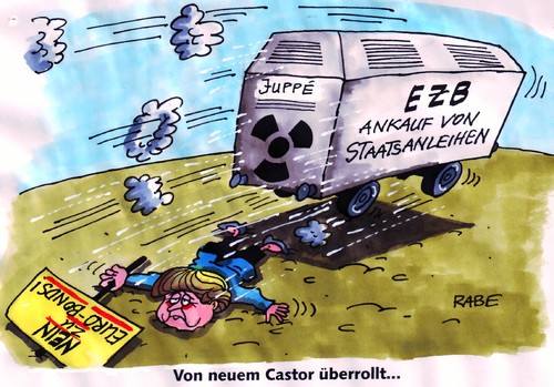 Cartoon: Castor-Bonds (medium) by RABE tagged castor,castortransport,castorbehälter,castorgegner,endlager,atomlobby,atomindustrie,strahlung,merkel,kanzlerin,cdu,deutschland,frankreich,gipfeltreffen,minigipfel,straßbourg,sarkozy,monti,konfrontationskurs,italien,schuldenkrise,ezb,euro,krise,ankauf,staatsanleihen,eurobond,finanzchefs,überrolltes,castor,endlager,atomlobby,atomindustrie