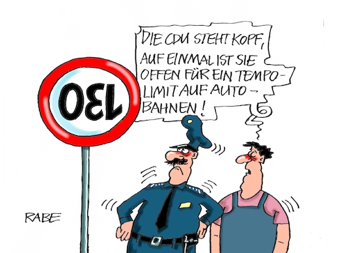 Cartoon: CDU steht Kopf (medium) by RABE tagged gas,gassparen,gasnotstand,gasgeben,sanktionen,gasspeicher,gasheizung,rabe,ralf,böhme,cartoon,karikatur,pressezeichnung,farbcartoon,tagescartoon,robert,habeck,putin,ukrainekrieg,cdu,klimaschutz,energiesparen,sparen,tempolimit,autobahnen,abbremsen,verkehr,verkehrsschild,einhundertunddreißig,gas,gassparen,gasnotstand,gasgeben,sanktionen,gasspeicher,gasheizung,rabe,ralf,böhme,cartoon,karikatur,pressezeichnung,farbcartoon,tagescartoon,robert,habeck,putin,ukrainekrieg,cdu,klimaschutz,energiesparen,sparen,tempolimit,autobahnen,abbremsen,verkehr,verkehrsschild,einhundertunddreißig