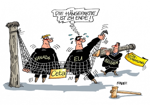 Cartoon: Cetaunterschrift (medium) by RABE tagged ceta,freihandelsabkommen,belgien,eu,wallonie,protest,schulz,kanada,rabe,ralf,böhme,cartoon,karikatur,pressezeichnung,farbcartoon,tagescartoon,unterzeichnung,hängematte,pfahl,pfosten,unterschrift,aussenmnister,innenminister,ceta,freihandelsabkommen,belgien,eu,wallonie,protest,schulz,kanada,rabe,ralf,böhme,cartoon,karikatur,pressezeichnung,farbcartoon,tagescartoon,unterzeichnung,hängematte,pfahl,pfosten,unterschrift,aussenmnister,innenminister