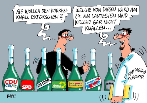 Cartoon: Champagnerlaune (medium) by RABE tagged champagner,forscher,sekt,sektlaune,bundestagswahl,wähler,rabe,ralf,böhme,cartoon,karikatur,pressezeichnung,tagescartoon,korken,wahlergebnis,champagner,forscher,sekt,sektlaune,bundestagswahl,wähler,rabe,ralf,böhme,cartoon,karikatur,pressezeichnung,tagescartoon,korken,wahlergebnis