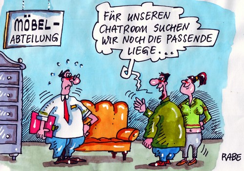 Cartoon: Chatroom (medium) by RABE tagged chaten,chatroom,internet,online,facebook,rechner,bildschirm,monitor,vernetzung,netz,datenautobahn,tastatur,möbel,möbelhaus,möbelabteilung,wohnmöbel,liege,couch,couchgarnitur,verkäufer,berater,ehepaar,frau,mann,pärchen,paar,verliebte,surfen,surfer,chaten,chatroom,internet,online,rechner,facebook,bildschirm,monitor,vernetzung,netz,datenautobahn,tastatur,möbelhaus,möbel