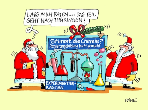 Cartoon: Chemiebaukasten (medium) by RABE tagged landtagswahlen,wahlergebnisse,sachsen,brandenburg,groko,spd,cdu,rabe,ralf,böhme,cartoon,karikatur,pressezeichnung,farbcartoon,tagescartoon,arzt,doktor,csu,afd,verluste,rechte,populismus,thüringen,erfurt,bodo,ramelow,mike,mohring,höcke,linke,regierungsbildung,chemie,chemiebaukasten,weihnchten,weihnachtmänner,weihnachtsgeschenk,experimentierkasten,experimente,landtagswahlen,wahlergebnisse,sachsen,brandenburg,groko,spd,cdu,rabe,ralf,böhme,cartoon,karikatur,pressezeichnung,farbcartoon,tagescartoon,arzt,doktor,csu,afd,verluste,rechte,populismus,thüringen,erfurt,bodo,ramelow,mike,mohring,höcke,linke,regierungsbildung,chemie,chemiebaukasten,weihnchten,weihnachtmänner,weihnachtsgeschenk,experimentierkasten,experimente