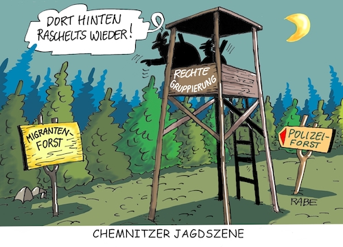 Cartoon: Chemnitzer Forst (medium) by RABE tagged chemnitz,sachsen,mob,hetzjagd,treibjagd,jagdszenen,hochsitz,jäger,migranten,rechte,afd,nazis,polizei,polizeieinsatz,rabe,ralf,böhme,cartoon,karikatur,pressezeichnung,farbcartoon,tagescartoon,messer,messerstecher,deutsche,nationalität,chemnitz,sachsen,mob,hetzjagd,treibjagd,jagdszenen,hochsitz,jäger,migranten,rechte,afd,nazis,polizei,polizeieinsatz,rabe,ralf,böhme,cartoon,karikatur,pressezeichnung,farbcartoon,tagescartoon,messer,messerstecher,deutsche,nationalität