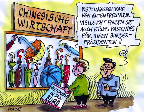 Cartoon: Chinaschirme (medium) by RABE tagged merkel,kanzlerin,cdu,deutschland,bundesregierung,staatsbesuch,china,chinareise,peking,chinesen,euro,eurokrise,schuldenkrise,eu,rettungsschirme,wirtschaft,wirtschaftshilfe,unterstützung,menschenrechte,wulff,bundespräsident,transparenz,privatkredit,audi,merkel,kanzlerin,bundesregierung,staatsbesuch,china,chinareise