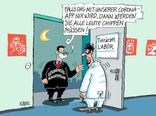 Cartoon: Chip Chip Hurra (medium) by RABE tagged virus,corona,pandemie,coronakrise,rabe,ralf,böhme,cartoon,karikatur,pressezeichnung,farbcartoon,tagescartoon,viren,virenschutz,mundschutz,desinfektion,föderal,föderalismus,ländersache,tierarzt,labor,app,coronaapp,chip,gesundheitsministerium,spahn,meldepflicht,virus,corona,pandemie,coronakrise,rabe,ralf,böhme,cartoon,karikatur,pressezeichnung,farbcartoon,tagescartoon,viren,virenschutz,mundschutz,desinfektion,föderal,föderalismus,ländersache,tierarzt,labor,app,coronaapp,chip,gesundheitsministerium,spahn,meldepflicht