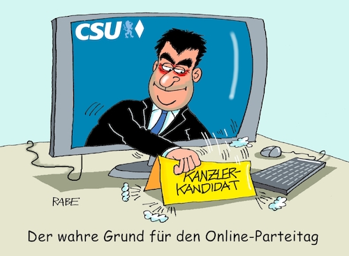 Cartoon: CSU Parteitag (medium) by RABE tagged virus,corona,pandemie,coronakrise,rabe,ralf,böhme,cartoon,karikatur,pressezeichnung,farbcartoon,tagescartoon,viren,virenschutz,mundschutz,desinfektion,föderal,föderalismus,ländersache,markus,söder,csu,online,parteitag,münchen,kanzler,kanzlaerkandidat,virus,corona,pandemie,coronakrise,rabe,ralf,böhme,cartoon,karikatur,pressezeichnung,farbcartoon,tagescartoon,viren,virenschutz,mundschutz,desinfektion,föderal,föderalismus,ländersache,markus,söder,csu,online,parteitag,münchen,kanzler,kanzlaerkandidat