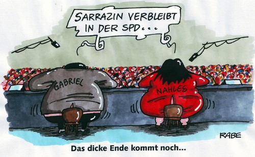 Cartoon: Das dicke Elend (medium) by RABE tagged sarrazin,spd,gabriel,nahles,parteiausschluß,parteiausschlußverfahren,parteibasis,parteiaustritt,meinungsvielfalt,euro,krise,bundesbankvorstand,generalsekretärin,mißverständnis,diskriminierung,ausländerhaß,ausländerfeindlichkeit,ausländerbehörde,einbürgerungstest,türken,kopftuch,islam,migranten,deutschland,abschiebung,darwin,gen,sarrazin,spd,gabriel,nahles,parteiausschluß,parteiausschlußverfahren,meinungsvielfalt,euro,krise,bundesbankvorstand,diskriminierung,mißverständnis,generalsekretärin,ausländerfeindlichkeit