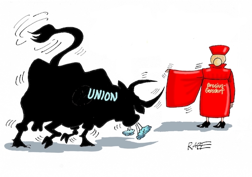 Cartoon: Das Rote Tuch (medium) by RABE tagged merz,union,kanzler,fritze,koalition,spd,klingbeil,bundesregierung,rabe,ralf,böhme,cartoon,karikatur,pressezeichnung,farbcartoon,tagescartoon,trump,putin,krisen,tv,nachrichten,bvg,bundesverfassungsgericht,bundesverfassungsrichter,wahl,vertagung,sommerpause,stier,arena,torero,kandidatin,brosius,gersdorf,merz,union,kanzler,fritze,koalition,spd,klingbeil,bundesregierung,rabe,ralf,böhme,cartoon,karikatur,pressezeichnung,farbcartoon,tagescartoon,trump,putin,krisen,tv,nachrichten,bvg,bundesverfassungsgericht,bundesverfassungsrichter,wahl,vertagung,sommerpause,stier,arena,torero,kandidatin,brosius,gersdorf
