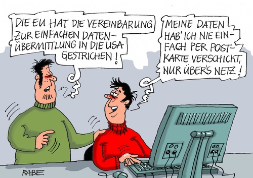 Cartoon: Datenübertragung (medium) by RABE tagged usa,eu,europa,brüssel,beschluss,abhörskandal,vereinbarung,safe,harbor,internet,surfer,rabe,ralf,böhme,cartoon,karikatur,pressezeichnung,farbcartoon,tagescartoon,internetnutzer,schutz,zugriff,behörden,geheimdienste,datenübermittlung,ungültig,usa,eu,europa,brüssel,beschluss,abhörskandal,vereinbarung,safe,harbor,internet,surfer,rabe,ralf,böhme,cartoon,karikatur,pressezeichnung,farbcartoon,tagescartoon,internetnutzer,schutz,zugriff,behörden,geheimdienste,datenübermittlung,ungültig