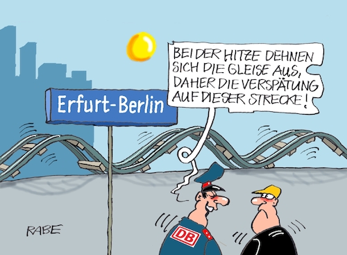 Cartoon: Dehnbarer Fahrplan (medium) by RABE tagged db,bahn,verspätung,sanierung,generalsanierung,bahnstrecke,cartoon,karikatur,rabe,ralf,böhme,pressezeichnung,farbcartoon,tagescartoon,lok,zug,tunnel,gleisbett,bahnkunde,sommer,sonne,hitze,klimakatastrophe,gleis,schiene,ausdehnung,erfurt,berlin,schaffner,reise,reisende,db,bahn,verspätung,sanierung,generalsanierung,bahnstrecke,cartoon,karikatur,rabe,ralf,böhme,pressezeichnung,farbcartoon,tagescartoon,lok,zug,tunnel,gleisbett,bahnkunde,sommer,sonne,hitze,klimakatastrophe,gleis,schiene,ausdehnung,erfurt,berlin,schaffner,reise,reisende