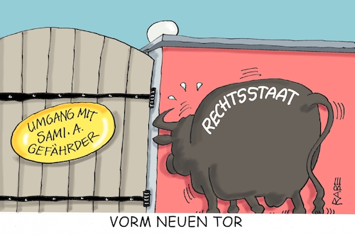 Cartoon: Der Ochs vorm Neuen Tor (medium) by RABE tagged umgang,sami,gefährder,abscgiebung,rückholung,tunesien,rechtsstaat,rabe,ralf,böhme,cartoon,karikatur,pressezeichnung,farbcartoon,tagescartoon,tor,ochs,neu,justiz,rückglug,leibwächter,hassprediger,osama,bin,laden,umgang,sami,gefährder,abscgiebung,rückholung,tunesien,rechtsstaat,rabe,ralf,böhme,cartoon,karikatur,pressezeichnung,farbcartoon,tagescartoon,tor,ochs,neu,justiz,rückglug,leibwächter,hassprediger,osama,bin,laden