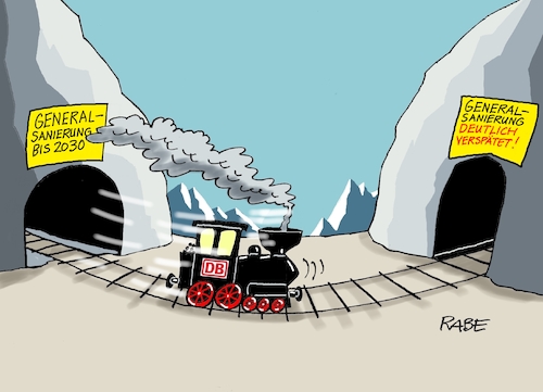 Cartoon: Deutlich verspätet (medium) by RABE tagged db,bahn,verspätung,sanierung,generalsanierung,bahnstrecke,cartoon,karikatur,rabe,ralf,böhme,pressezeichnung,farbcartoon,tagescartoon,lok,zug,tunnel,gleisbett,bahnkunde,db,bahn,verspätung,sanierung,generalsanierung,bahnstrecke,cartoon,karikatur,rabe,ralf,böhme,pressezeichnung,farbcartoon,tagescartoon,lok,zug,tunnel,gleisbett,bahnkunde