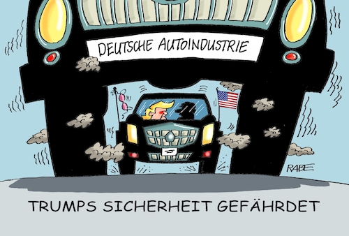 Cartoon: Deutsche Gefahr (medium) by RABE tagged trump,usa,fahrzeug,auto,autoindustrie,münchen,sicherheitskonferenz,merkel,eu,europa,rabe,ralf,böhme,cartoon,karikatur,pressezeichnung,farbcartoon,tagescartoon,national,sicherheit,gefahr,pkw,truck,rover,straße,autobahnautoimporte,trump,usa,fahrzeug,auto,autoindustrie,münchen,sicherheitskonferenz,merkel,eu,europa,rabe,ralf,böhme,cartoon,karikatur,pressezeichnung,farbcartoon,tagescartoon,national,sicherheit,gefahr,pkw,truck,rover,straße,autobahnautoimporte