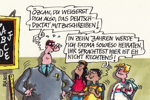 Cartoon: Deutschtest (medium) by RABE tagged deutsch,deutschtest,ausländer,migranten,türken,nachziehende,sprachtests,ehepartner,deutschkenntnisse,niederlassung,rabe,ralf,böhme,cartoon,karikatur,pressezeichnung,farbcartoon,tagescartoon,diktat,deutschunterricht,lehrer,schulklasse,özcan,fatma,heirat,recht,deutsch,deutschtest,ausländer,migranten,türken,nachziehende,sprachtests,ehepartner,deutschkenntnisse,niederlassung,rabe,ralf,böhme,cartoon,karikatur,pressezeichnung,farbcartoon,tagescartoon,diktat,deutschunterricht,lehrer,schulklasse,özcan,fatma,heirat,recht