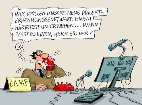 Cartoon: Dialekterkennungssoftware (medium) by RABE tagged stiober,csu,eu,bayern,dialekt,flüchtlinge,bamf,bundesamt,für,migration,software,rabe,ralf,böhme,cartoon,karikatur,pressezeichnung,farbcartoon,tagescartoon,herkunft,asylbewerber,stiober,csu,eu,bayern,dialekt,flüchtlinge,bamf,bundesamt,für,migration,software,rabe,ralf,böhme,cartoon,karikatur,pressezeichnung,farbcartoon,tagescartoon,herkunft,asylbewerber