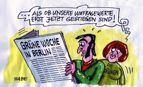 Cartoon: Die Grünen (medium) by RABE tagged berlin,grüne,woche,partei,die,grünen,zeitung,ausstellung,umfragewerte,politbarometer,krise,umweltschutz,ernährung,verbraucher,verbraucherschutz,bioprodukte,biobauern,viehzucht,artgerecht,dioxin,verbraucherschutzministerin,landwirtschaft,ökolodischer,anbau,gentechnik,künats,roth,nahrungsmittel,nahrungsmittelindustrie,grüne woche,berlin,partei,ausstellung,umfragewerte,politbarometer,umweltschutz,ernährung,verbraucher,verbraucherschutz,bioprodukte,biobauern,viehzucht,dioxin,grüne,woche