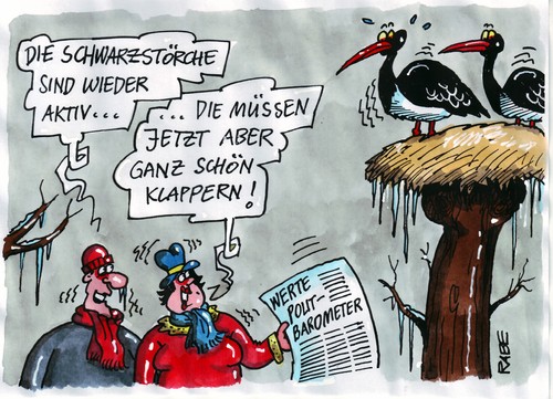 Cartoon: Die Schwarzen (medium) by RABE tagged schwarzgelbe,regierung,cdu,opposition,koalition,bundesregierung,merkel,kanzlerin,krise,euro,politbarometer,umfrage,umfragewerte,umfragetief,bilanz,tortendiagramm,mann,frau,ehepaar,zeitung,baumstamm,storchennest,horst,schwarzstorch,weißstorch,klapperstorch,überwintern,zugvogle,afrika,fliegen,vögel,brüten,klappern,frieren,handwerk,schnabel,federkleid,krallen,flügel,minusgrade,temperatur,winter,eis,schnee,regierung,cdu,opposition,koalition,bundesregierung,angela merkel,krise,kanzlerin,euro,umfragewerte,umfrage,umfragetief,bilanz,angela,merkel