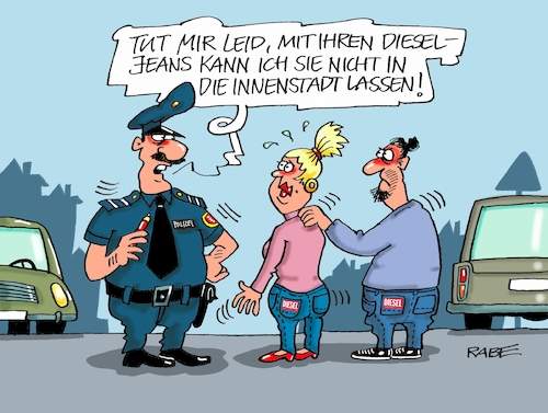 Cartoon: Diesel (medium) by RABE tagged diesel,vw,skandaal,dobrindt,autobauer,rabe,ralf,böhme,cartoon,karikatur,pressezeichnung,farbcartoon,tagescartoon,jeans,innenstadt,fahrverbot,diesel,vw,skandaal,dobrindt,autobauer,rabe,ralf,böhme,cartoon,karikatur,pressezeichnung,farbcartoon,tagescartoon,jeans,innenstadt,fahrverbot